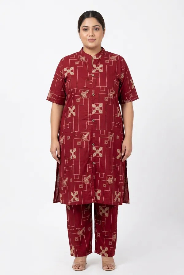 Red_Rayon_Printed__Knee_length_Co-Ord_Set_For_Women