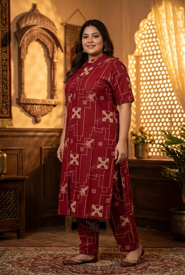 Red_Rayon_Printed__Knee_length_Co-Ord_Set_For_Women
