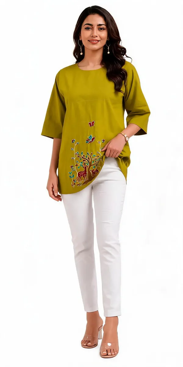 Mustard_Yellow_Dabu_Cotton__Knee_length_Short_Kurti_For_Women