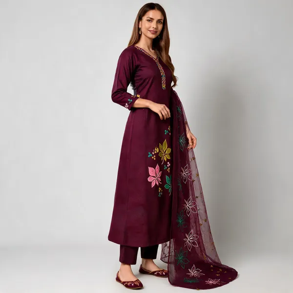 Wine_Roman_Silk_A-Line__Knee_length_3_Piece_Suit_For_Women