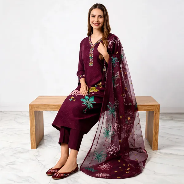 Wine_Roman_Silk_A-Line__Knee_length_3_Piece_Suit_For_Women
