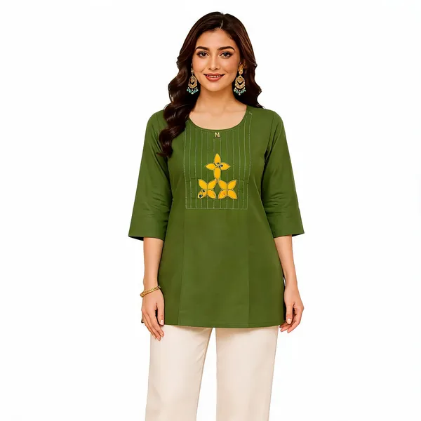 Olive_Green_Dabu_Cotton_Applique__Knee_length_Short_Kurti_For_Women