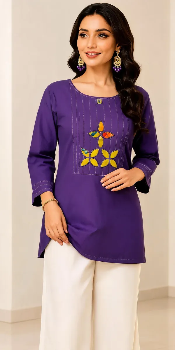 Royal_Purple_Dabu_Cotton__Knee_length_Short_Kurti_For_Women