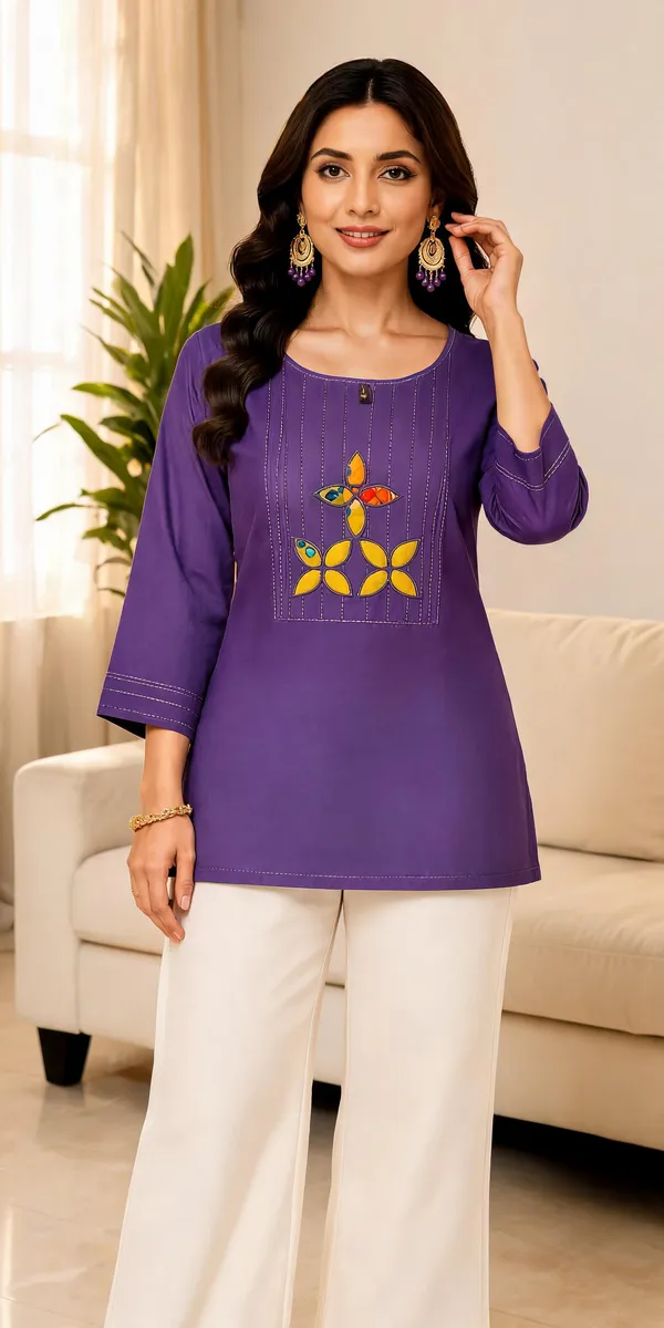 Royal_Purple_Dabu_Cotton__Knee_length_Short_Kurti_For_Women