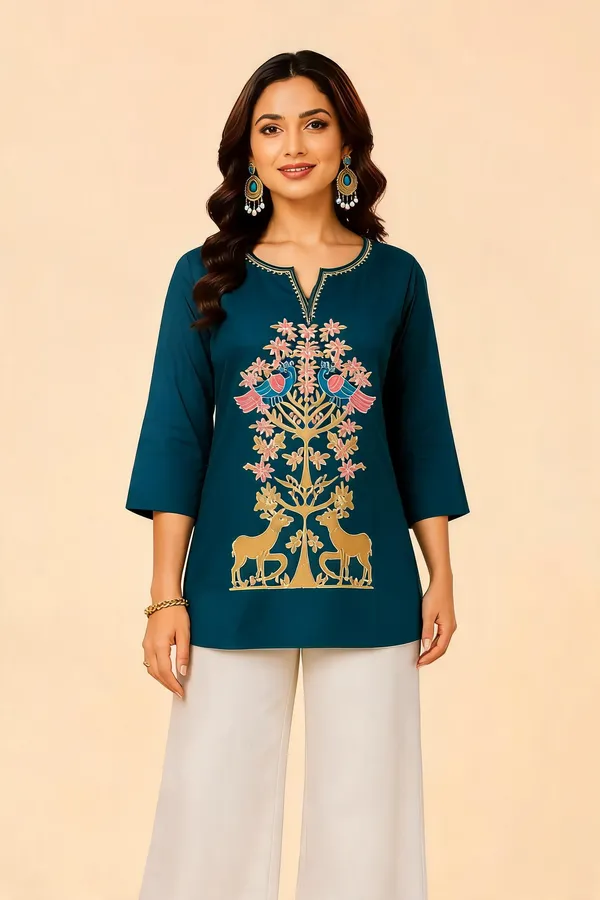 Royal_Teal_Dabu_Cotton__Knee_length_Short_Kurti_For_Women