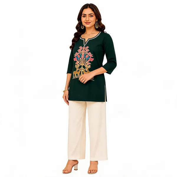 Bottle_Green_Dabu_Cotton__Knee_length_Short_Kurti_For_Women