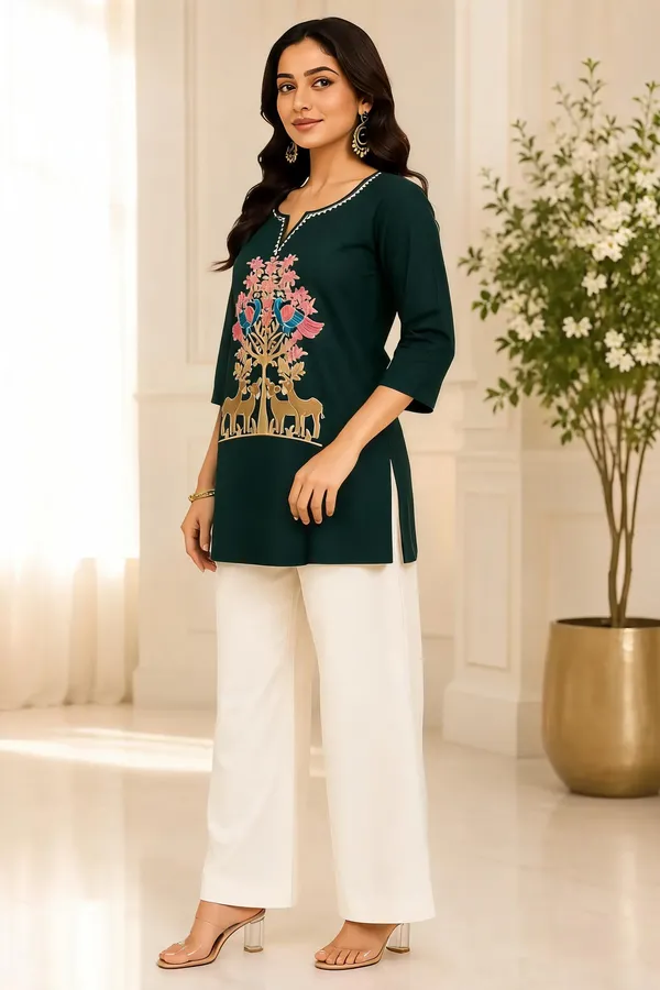 Bottle_Green_Dabu_Cotton__Knee_length_Short_Kurti_For_Women