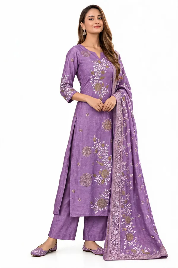 Purple_Roman_Silk_Heavy__Knee_length_3_Piece_Suit_For_Women