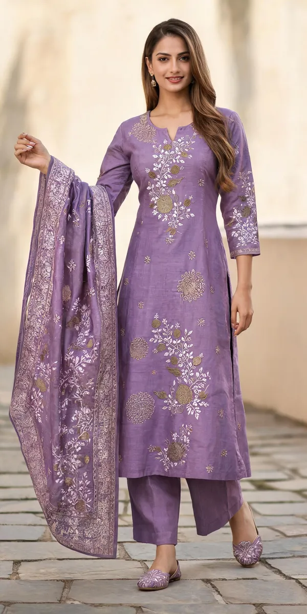 Purple_Roman_Silk_Heavy__Knee_length_3_Piece_Suit_For_Women