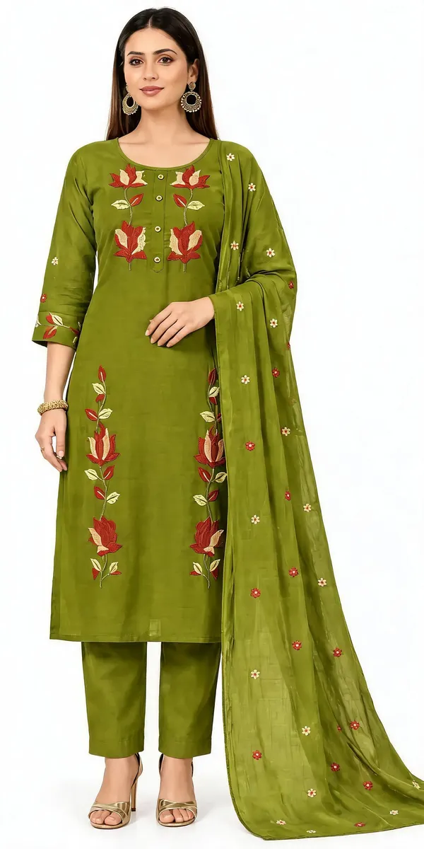 Green_Mull_Chanderi__Knee_length_3_Piece_Suit_For_Women
