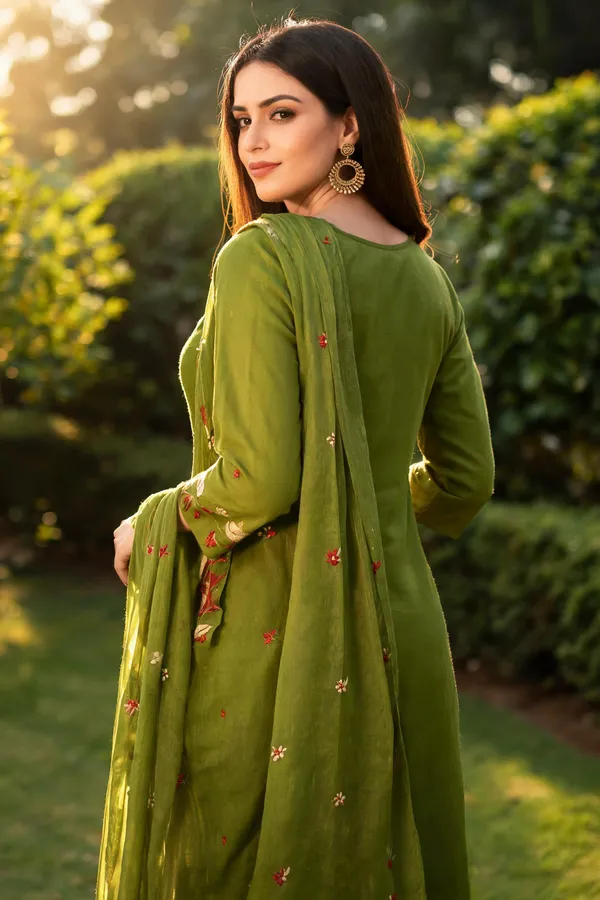 Green_Mull_Chanderi__Knee_length_3_Piece_Suit_For_Women