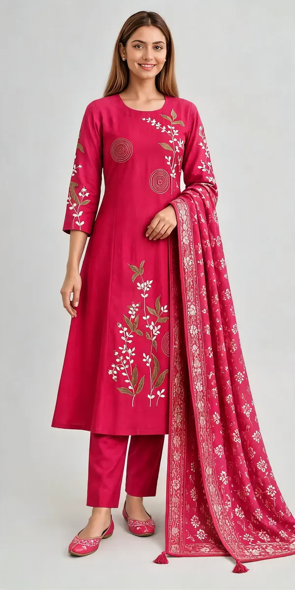 Pink_Roman_Silk_Heavy__Knee_length_3_Piece_Suit_For_Women
