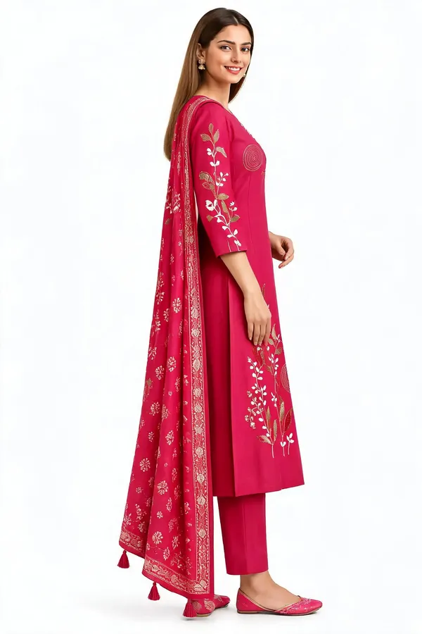 Pink_Roman_Silk_Heavy__Knee_length_3_Piece_Suit_For_Women