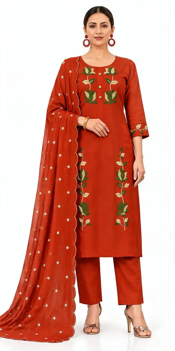 Rust_Mull_Chanderi__Knee_length_3_Piece_Suit_For_Women