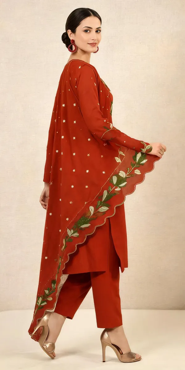 Rust_Mull_Chanderi__Knee_length_3_Piece_Suit_For_Women