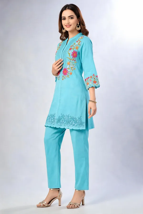 Sky_Blue_Cotton__Knee_length_Co-Ord_Set_For_Women