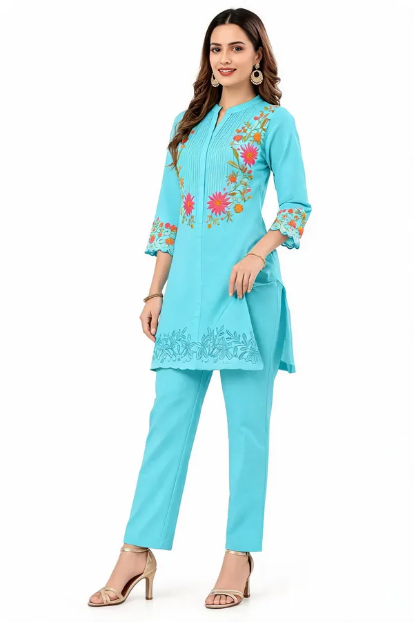 Sky_Blue_Cotton__Knee_length_Co-Ord_Set_For_Women