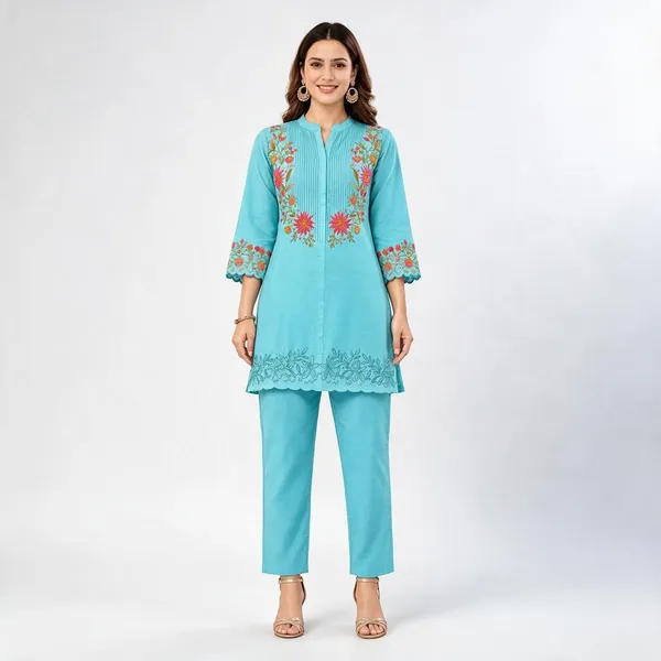 Sky_Blue_Cotton__Knee_length_Co-Ord_Set_For_Women