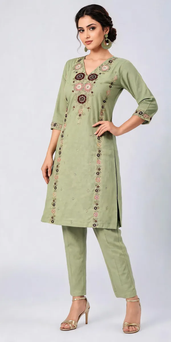 Sage_Green_Roman_Silk__Knee_length_Co-Ord_Set_For_Women