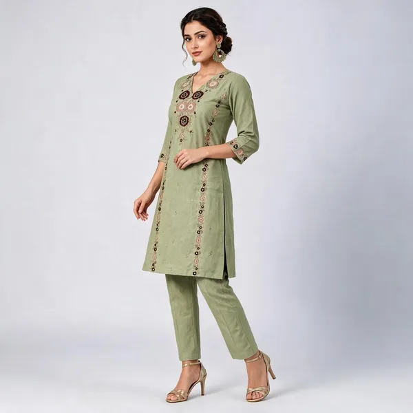 Sage_Green_Roman_Silk__Knee_length_Co-Ord_Set_For_Women