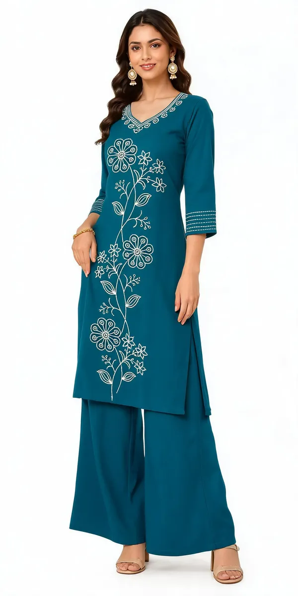 Teal_Dabu_Cotton__Knee_length_Co-Ord_Set_With_Palazzo_For_Women