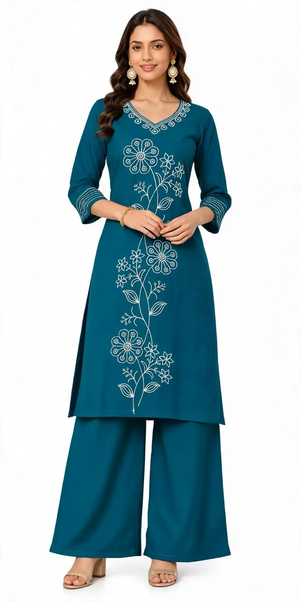 Teal_Dabu_Cotton__Knee_length_Co-Ord_Set_With_Palazzo_For_Women