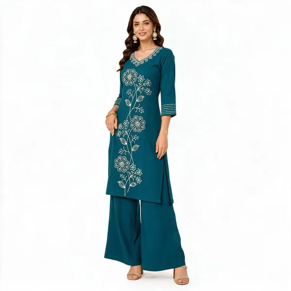 Teal_Dabu_Cotton__Knee_length_Co-Ord_Set_With_Palazzo_For_Women