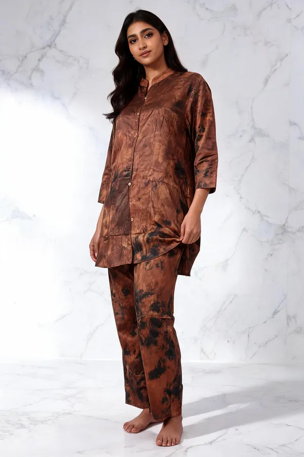Dark_Brown_Rayon_Printed__knee_length_Co-Ord_Set_For_Women