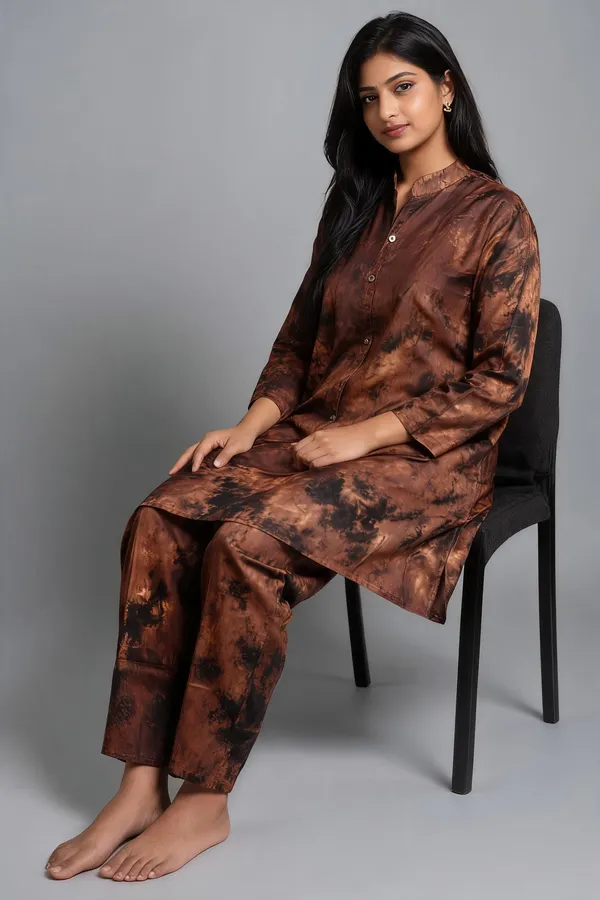 Dark_Brown_Rayon_Printed__knee_length_Co-Ord_Set_For_Women