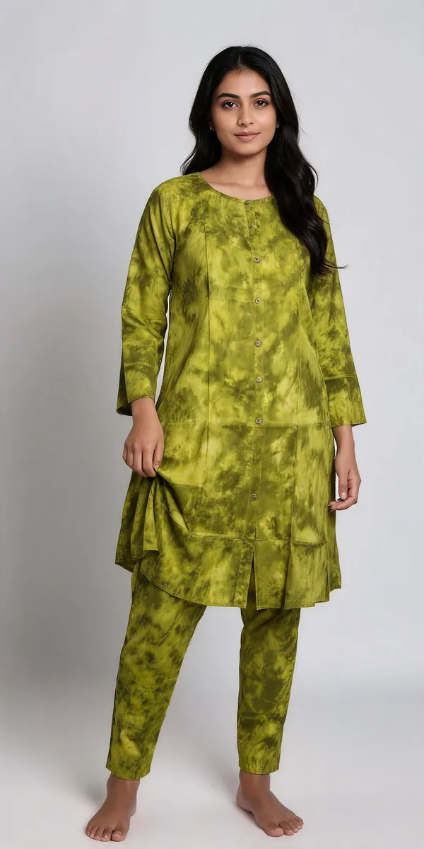 Olive_Green_Rayon_Printed__Knee_length_Co-Ord_Set_For_Women