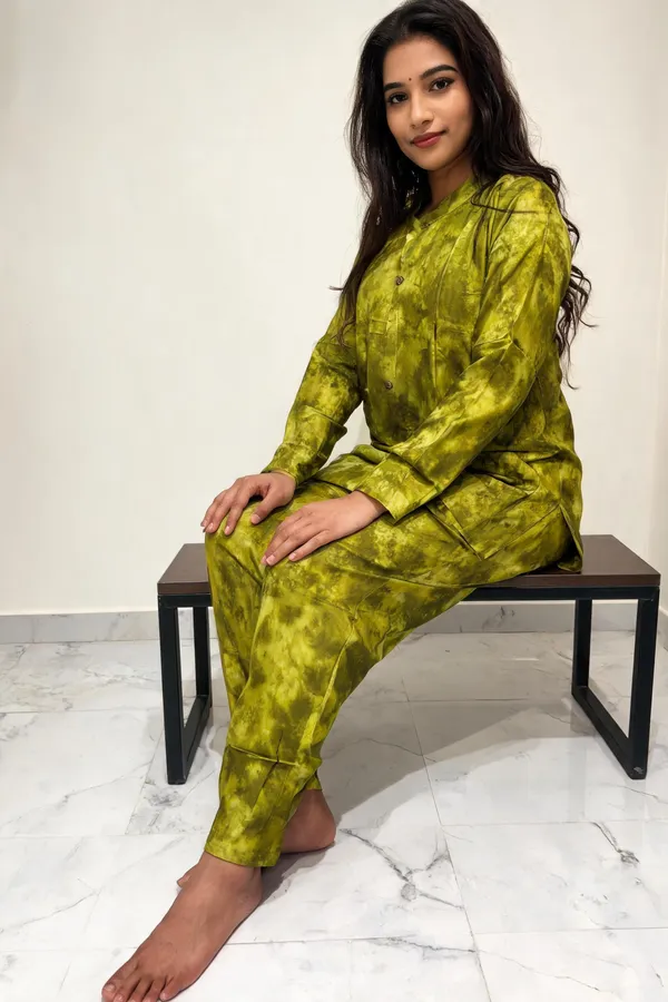 Olive_Green_Rayon_Printed__Knee_length_Co-Ord_Set_For_Women
