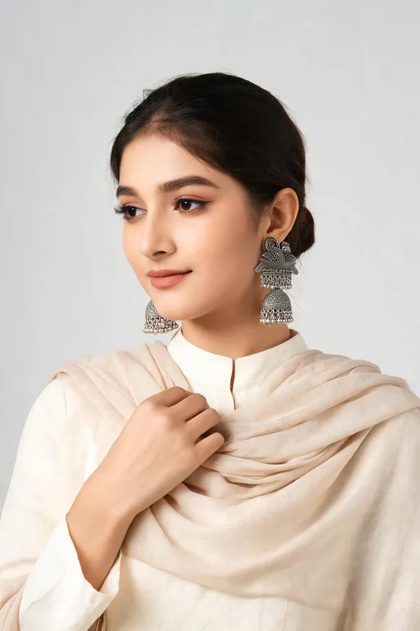 Oxidized_Metal_Peacock_Motif_Jhumka_Earrings_With_Silver_Beads_For_Women