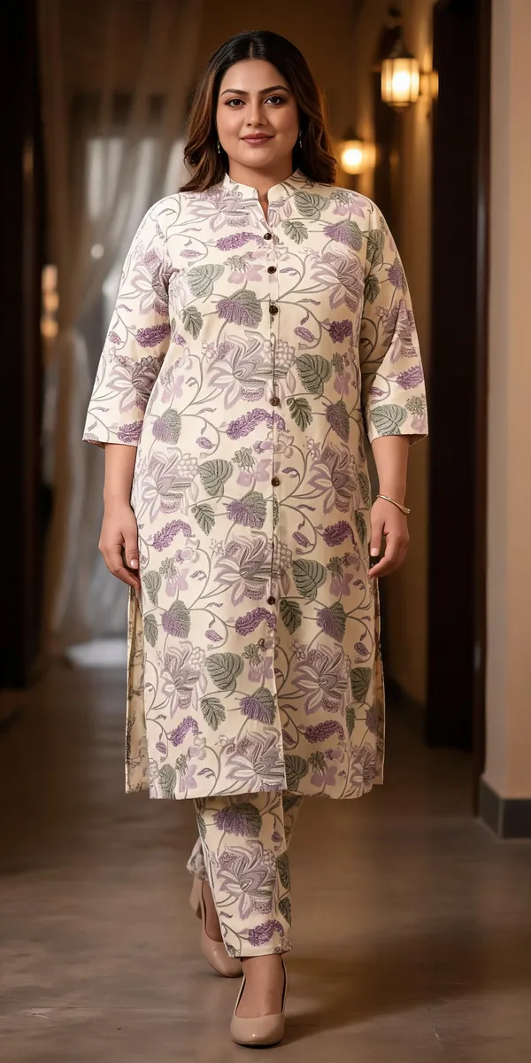 Cream_Purple_Rayon_Botanical__Knee_length_Co-Ord_Set_For_Women
