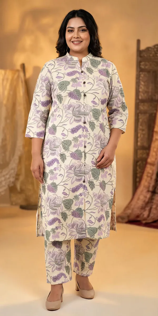 Cream_Purple_Rayon_Botanical__Knee_length_Co-Ord_Set_For_Women