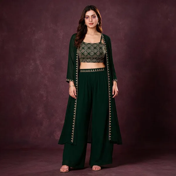 Bottle_Green_Georgette_Embroidered_Co-Ord_Set_For_Women