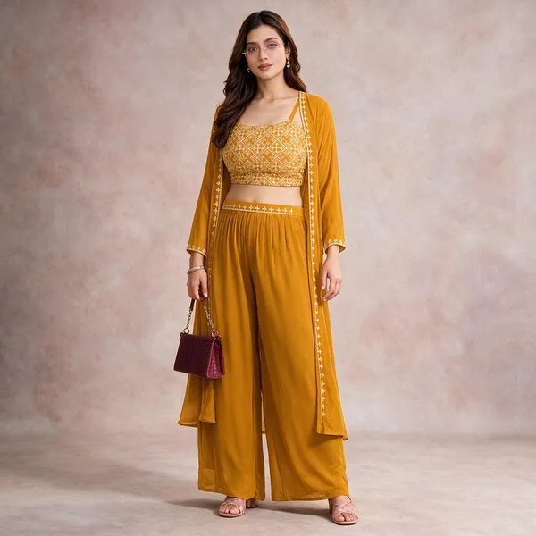 Mustard_Georgette_Embroidered_Co-Ord_Set_For_Women