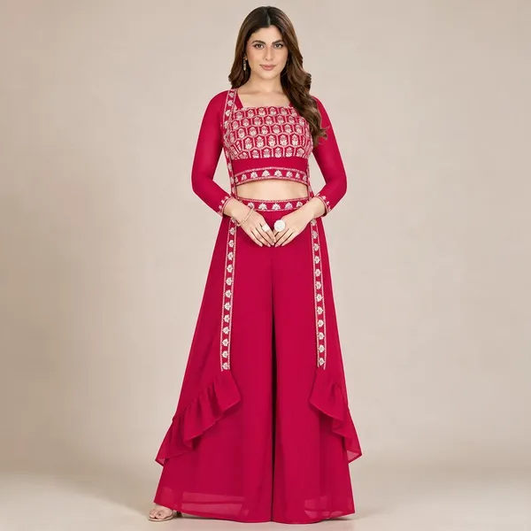 Magenta_Georgette_Embroidered_Crop_Top_Sharara_Set_For_Women