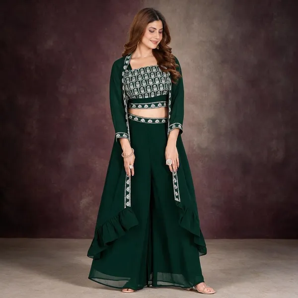 Bottle_Green_Georgette_Embroidered_Co-Ord_Set_For_Women
