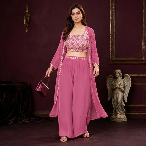 Dark_Pink_Georgette_Embroidered_Ethnic_Co-Ord_Set_For_Women