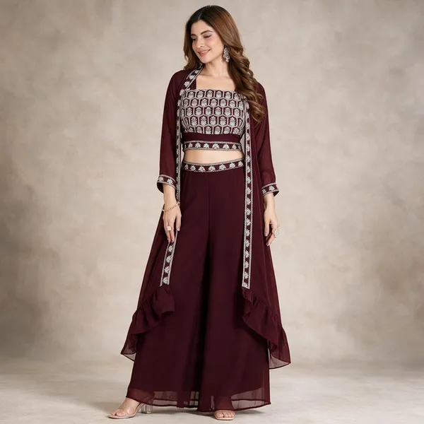 Brown_Georgette_Embroidered_Sharara_Co-Ord_Set_For_Women