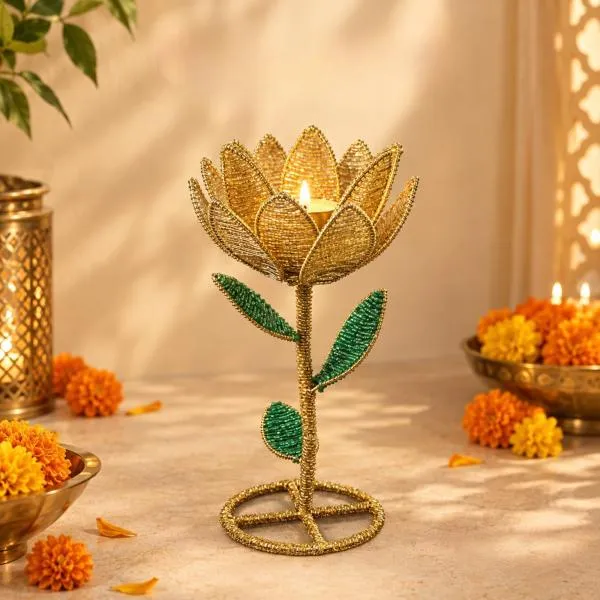 Bead_&_Metal_Festive_Golden_Lotus_Tea_Light_Holder