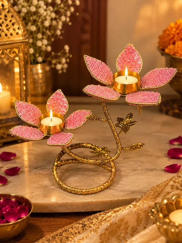 Bead_&_Metal_Festive_Pink_Lotus_Tea_Light_Holder