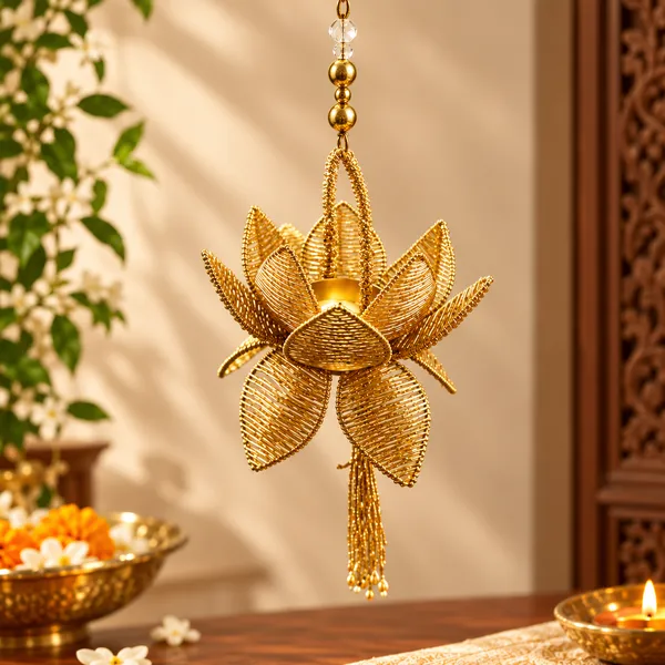 Bead_&_Metal_Festive_Golden_Lotus_Hanging_Tea_Light_Holder