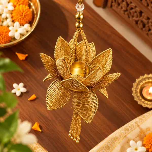 Bead_&_Metal_Festive_Golden_Lotus_Hanging_Tea_Light_Holder