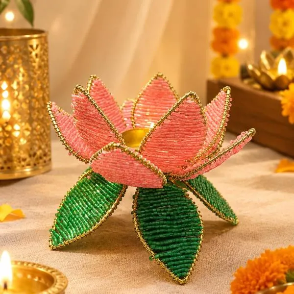 Bead_&_Metal_Festive_Pink_Lotus_Tea_Light_Holder
