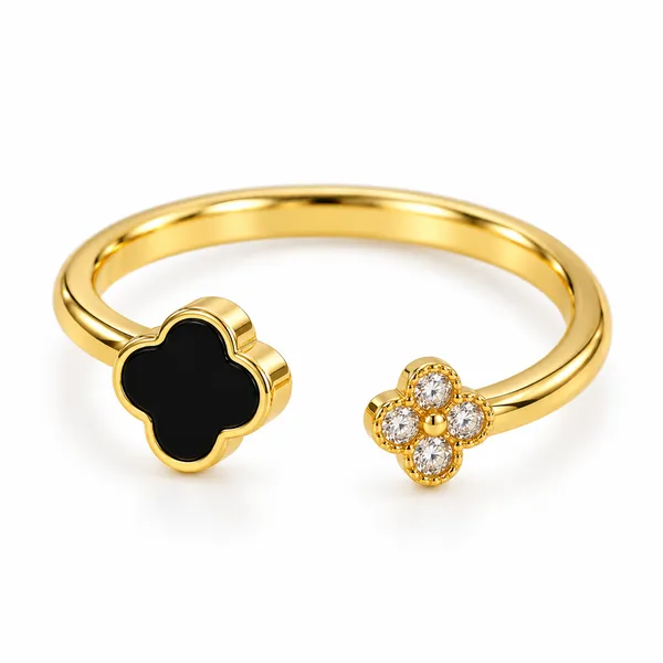 Celeste_18k_Gold_Plated_Black_Clover_Open_Ring_Default_Title