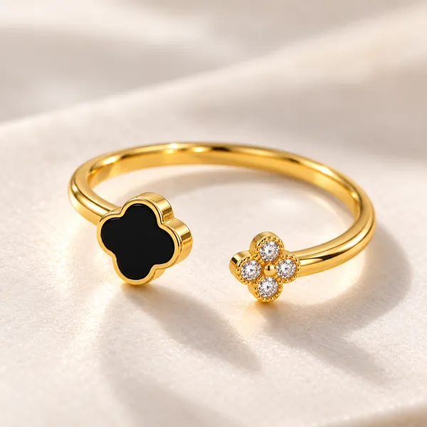 Celeste_18k_Gold_Plated_Black_Clover_Open_Ring_Default_Title