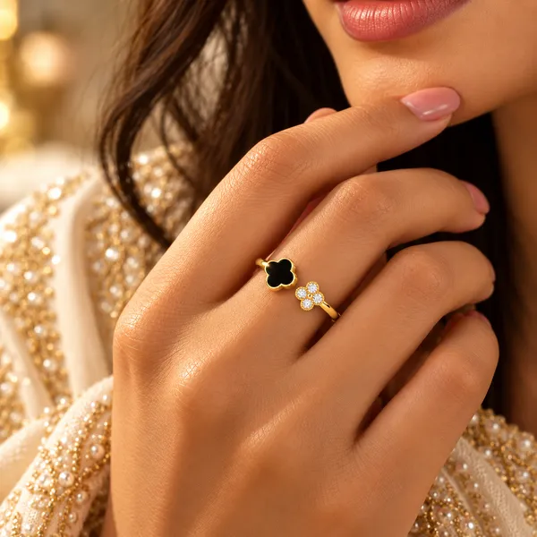 Celeste_18k_Gold_Plated_Black_Clover_Open_Ring_Default_Title