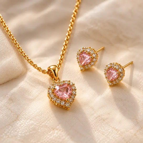 Ros_18k_Gold_Plated_Pink_Heart_Pendant_Earring_Set_Default_Title