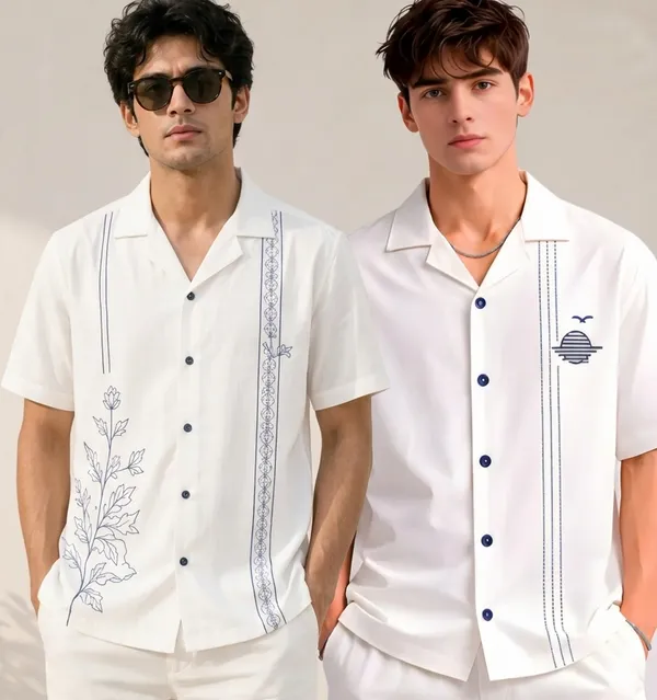 Hasal_Relaxed_Fit_Cuban_Collar_Shirt_White_And_Cuban_Collar_Shirt_Navy_Blue_Embroidered_Stripe_And_Sunset_Desi_Pack_Of_2